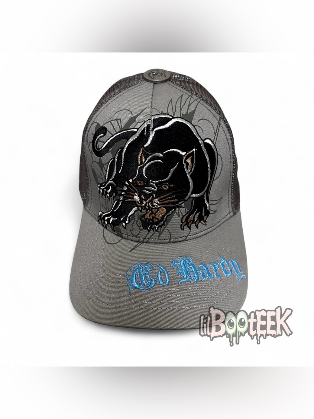 Ed Hardy Men Adjustable Snapback Trucker Hat Gray Blue Crouching Panther NEW Y2K